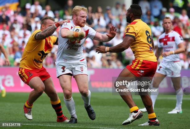 James Graham of England runs with the ball during the 2017 Rugby League World Cup Quarter Final match between England and Papua New Guinea Kumuls at...