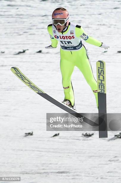 Stefan Kraft , competes in the team competition during the FIS Ski Jumping World Cup on November 18, 2017 in Wisla, Poland.