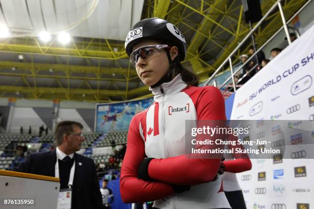 Skaters prepare for their warm up during the Audi ISU World Cup Short Track Speed Skating at Mokdong Ice Rink on November 19, 2017 in Seoul, South...