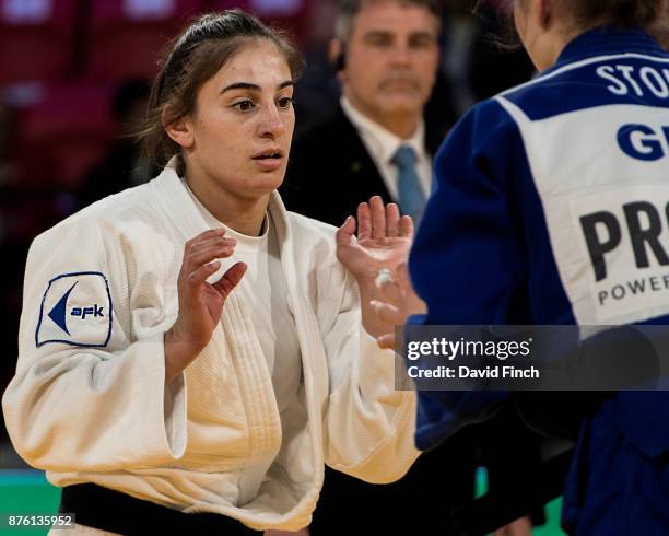 Nora Gjakova of Kosovo defeated Theresa Stoll of Germany by a wazari to win the u57kg gold medal during the 2017 The Hague Judo Grand Prix at the...