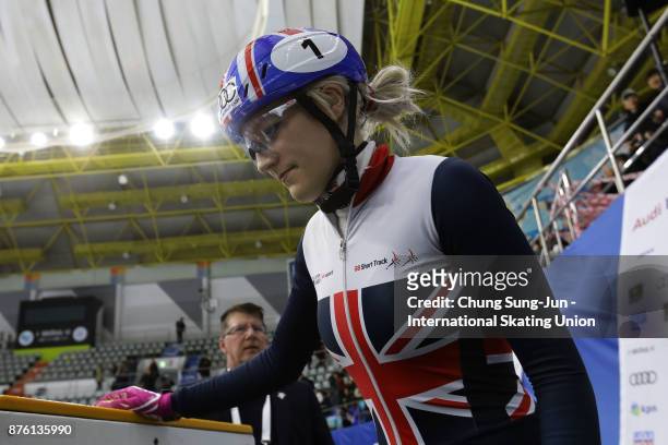 Elise Christie of Great Britain prepares for warm up during the Audi ISU World Cup Short Track Speed Skating at Mokdong Ice Rink on November 19, 2017...