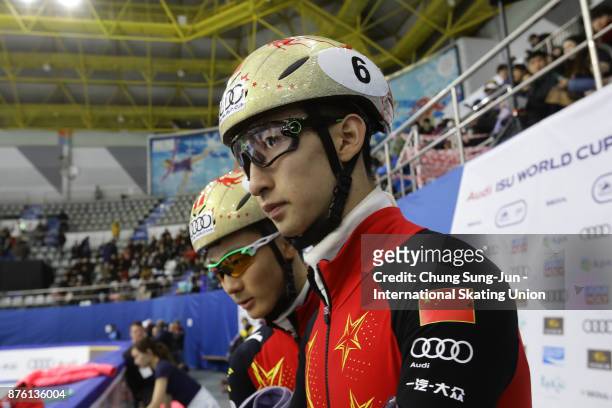 Dajing Wu of China prepares for warm up during the Audi ISU World Cup Short Track Speed Skating at Mokdong Ice Rink on November 19, 2017 in Seoul,...