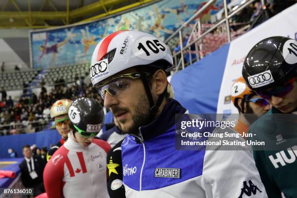 Skaters prepare for their warm up during the Audi ISU World Cup Short Track Speed Skating at Mokdong Ice Rink on November 19, 2017 in Seoul, South...