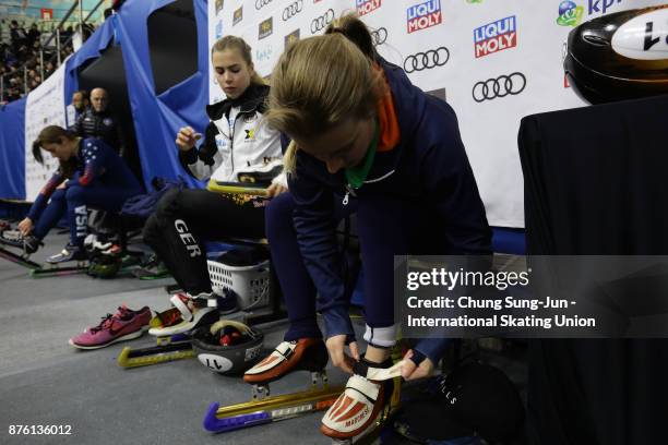 Skaters prepare for their warm up during the Audi ISU World Cup Short Track Speed Skating at Mokdong Ice Rink on November 19, 2017 in Seoul, South...