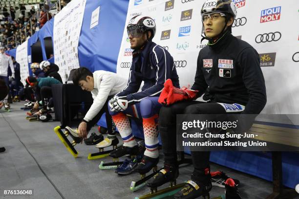 Skaters prepare for their warm up during the Audi ISU World Cup Short Track Speed Skating at Mokdong Ice Rink on November 19, 2017 in Seoul, South...