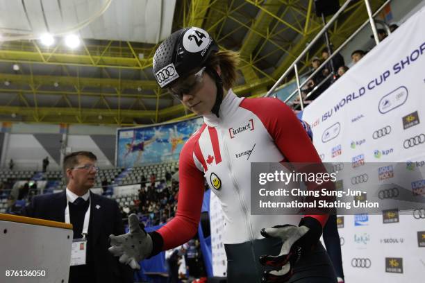 Kim Boutin of Canada prepares warm up during the Audi ISU World Cup Short Track Speed Skating at Mokdong Ice Rink on November 19, 2017 in Seoul,...