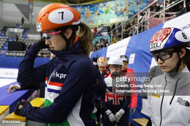 Suzanne Schulting of Netherlands and Choi Min-Jeong of South Korea prepare for warm up during the Audi ISU World Cup Short Track Speed Skating at...