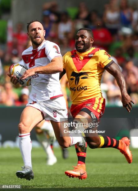 Luke Gale of England runs with the ball during the 2017 Rugby League World Cup Quarter Final match between England and Papua New Guinea Kumuls at...