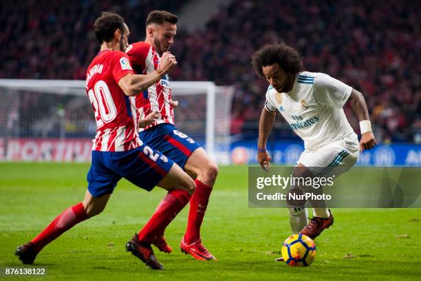 Marcelo, Saul Ñiguez, Juanfran during the match between Atletico de Madrid and Real Madrid, week 12 of La Liga at Wanda Metropolitano stadium,...