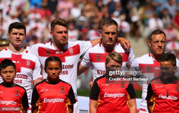 England sing the national anthem during the 2017 Rugby League World Cup Quarter Final match between England and Papua New Guinea Kumuls at AAMI Park...