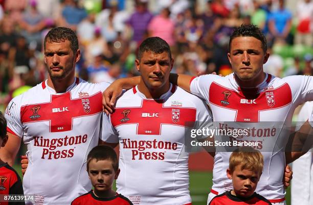 Sam Burgess and England sing the national anthem during the 2017 Rugby League World Cup Quarter Final match between England and Papua New Guinea...