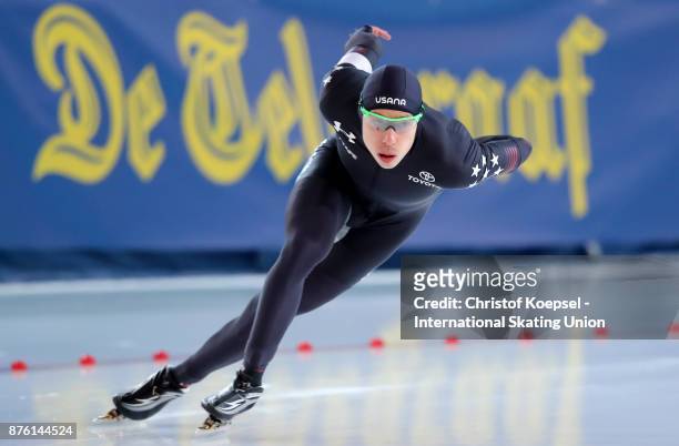 Brian Hansen of the United States competes in the men 1500m Division A race during Day 2 of the ISU World Cup Speed Skating at Soermarka Arena on...