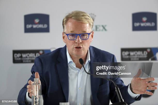 Keith Pelley the CEO of the European Tour speaks during his media conference during the final round of the 2017 DP World Tour Championship on the...