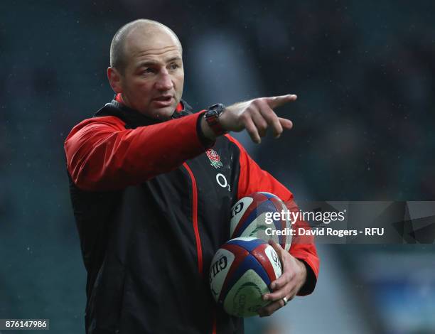 Steve Borthwick, the England forwards coach, issues instructions during the Old Mutual Wealth Series international match between England and...