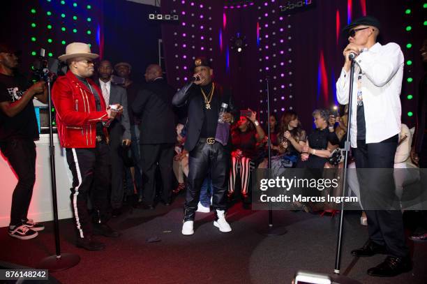 Bell Biv DeVoe singers Ricky Bell, Michael Bivins, and Ronnie DeVoe perform onstage during the 50th birthday celebration for Ronnie DeVoe at Revel on...