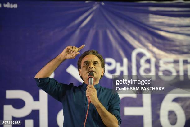 This picture taken on November 18, 2017 shows Atul Patel, one of the leaders of Patidar Anamat Andolan Samiti addressing a gathering during 'Adhikar...