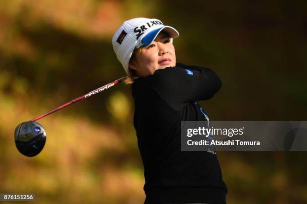 Hiroko Azuma of Japan hits her tee shot on the 2nd hole during the final round of the Daio Paper Elleair Ladies Open 2017 at the Elleair Golf Club on...