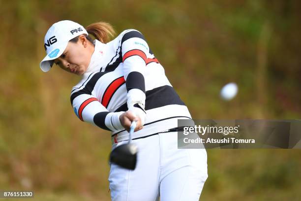 Ai Suzuki of Japan hits her tee shot on the 2nd hole during the final round of the Daio Paper Elleair Ladies Open 2017 at the Elleair Golf Club on...