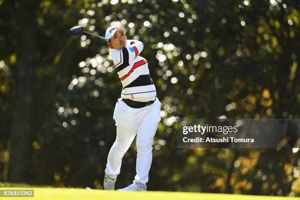 Ai Suzuki of Japan hits her tee shot on the 5th hole during the final round of the Daio Paper Elleair Ladies Open 2017 at the Elleair Golf Club on...