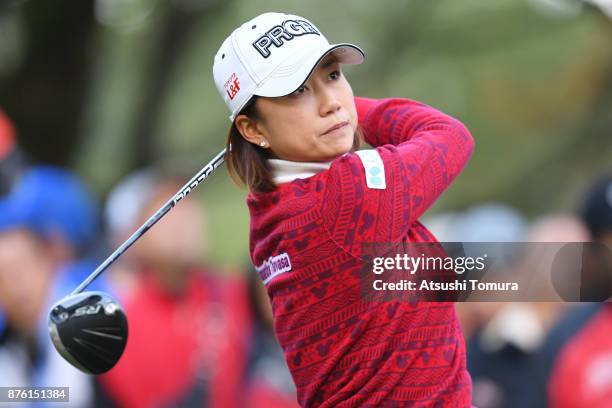 Erina Hara of Japan hits her tee shot on the 10th hole during the final round of the Daio Paper Elleair Ladies Open 2017 at the Elleair Golf Club on...