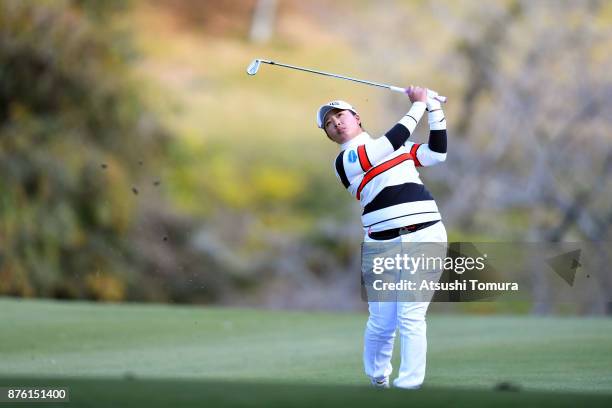 Ai Suzuki of Japan hits her second shot on the 4th hole during the final round of the Daio Paper Elleair Ladies Open 2017 at the Elleair Golf Club on...