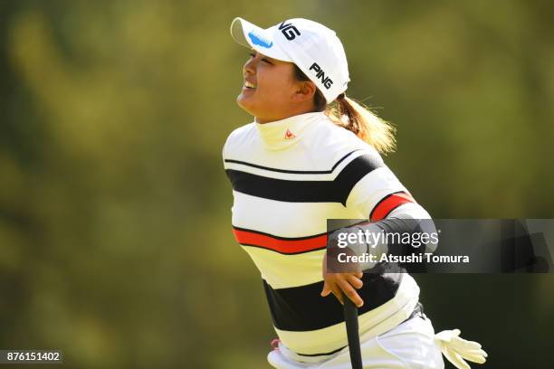 Ai Suzuki of Japan smiles during the final round of the Daio Paper Elleair Ladies Open 2017 at the Elleair Golf Club on November 19, 2017 in...