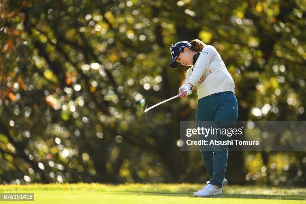 Momoko Ueda of Japan hits her tee shot on the 5th hole during the final round of the Daio Paper Elleair Ladies Open 2017 at the Elleair Golf Club on...