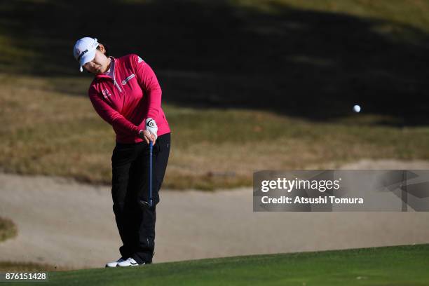 Min-Young Lee of South Korea chips onto the 2nd green during the final round of the Daio Paper Elleair Ladies Open 2017 at the Elleair Golf Club on...