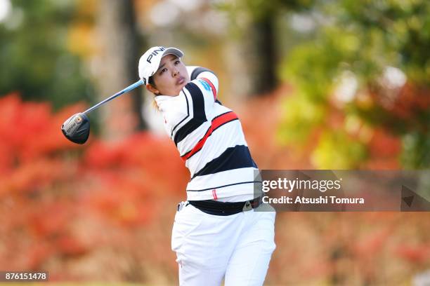 Ai Suzuki of Japan hits her tee shot on the 17th hole during the final round of the Daio Paper Elleair Ladies Open 2017 at the Elleair Golf Club on...