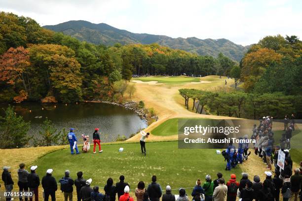 Haruka Morita of Japan hits her tee shot on the 8th hole during the final round of the Daio Paper Elleair Ladies Open 2017 at the Elleair Golf Club...