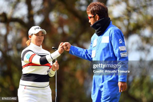 Ai Suzuki of Japan celebrates after making her putt on the 15th hole during the final round of the Daio Paper Elleair Ladies Open 2017 at the Elleair...