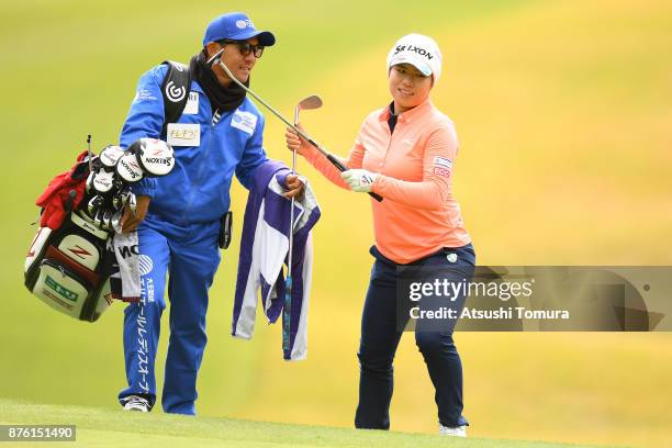 Eri Okayama of Japan smiles during the final round of the Daio Paper Elleair Ladies Open 2017 at the Elleair Golf Club on November 19, 2017 in...