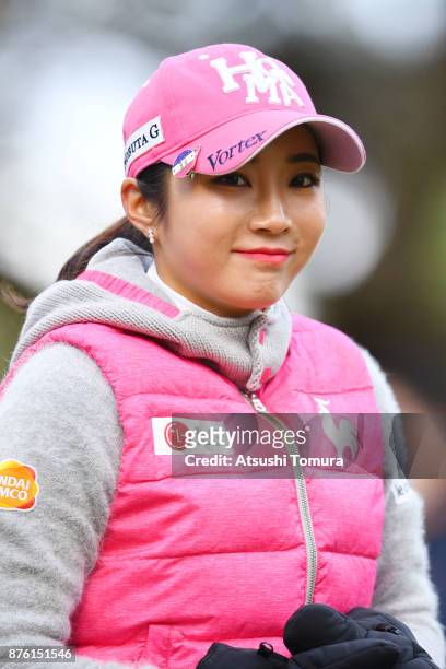 Bo-Mee Lee of South Korea smiles during the final round of the Daio Paper Elleair Ladies Open 2017 at the Elleair Golf Club on November 19, 2017 in...