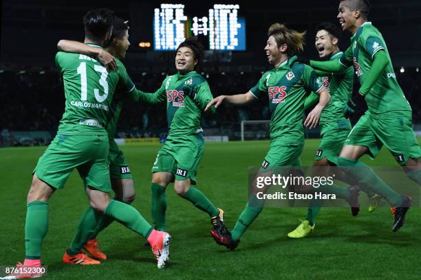 Tatsuya Uchida of Tokyo Verdy celebrates scoring his side's second goal during the J.League J2 match between Tokyo Verdy and Tokushima Vortis at...