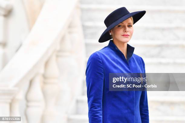 Princess Charlene of Monaco attends the Monaco National day celebrations in Monaco Palace courtyard on November 19, 2017 in Monaco, Monaco. Photo by...