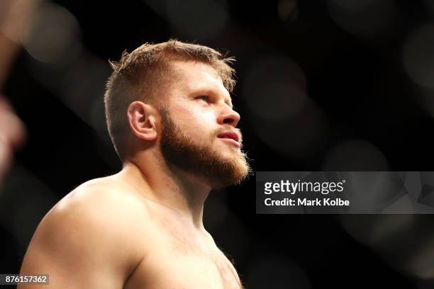 Marcin Tybura of Poland prepares in the Octagon before facing Fabricio Werdum of Brazil in their heavyweight bout during the UFC Fight Night at Qudos...