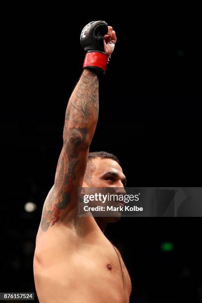 Fabricio Werdum of Brazil waves to the crowd as he prepares to enter the Octagon before facing Marcin Tybura of Poland in their heavyweight bout...