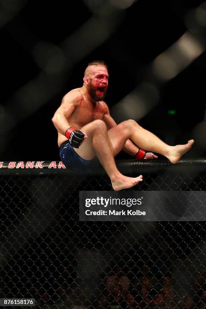 Nik Lentz of the USA celebrates his victory over Will Brooks of the USA in their lightweight bout during the UFC Fight Night at Qudos Bank Arena on...