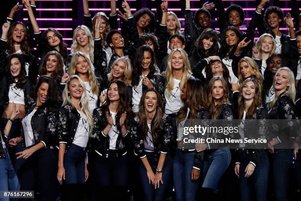 Victoria's Secret models pose during the All Model Appearance At Mercedes-Benz Arena on November 18, 2017 in Shanghai, China.