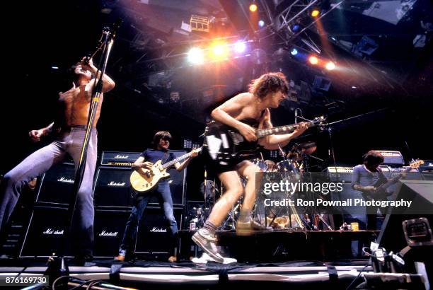 October 1978: AC/DC performs at the Orpheum Theater, in Boston, Massachusetts, October 9, 1978 Bon Scott, Malcolm Young, Phil Rudd, Angus Young,...