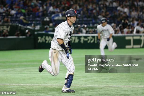 Infielder Shuta Tonosaki of Japan hits a RBI single to make it 2-0 in the bottom of fifth inning during the Eneos Asia Professional Baseball...