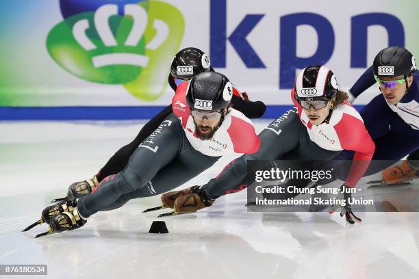 Charles Hamelin of Canada and Samuel Girard of Canada compete in the Men 1000m Semifinals during the Audi ISU World Cup Short Track Speed Skating at...