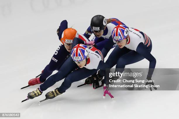 Elise Christie of Great Britain, Suzanne Schulting of Netherlands and Charlotte Gilmartin of Great Britain compete in the Ladies 1000m Quarterfinals...