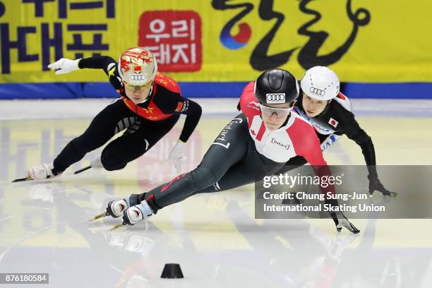 Jamie Macdonald of Canada, Yutong Han of China and Hitomi Saito of Japan compete in the Ladies 1000m Final B during the Audi ISU World Cup Short...