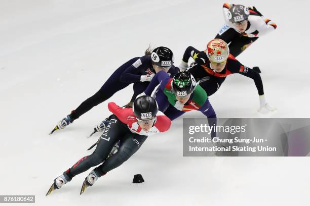 Jamie Macdonald of Canada, Yutong Han of China and Arianna Fontana of Italy compete in the Ladies 1000m Quarterfinals during during the Audi ISU...