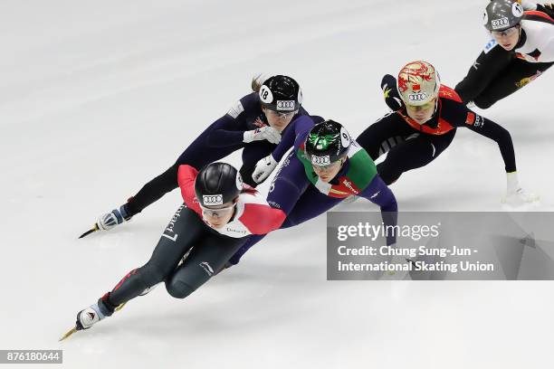 Jamie Macdonald of Canada, Yutong Han of China and Arianna Fontana of Italy compete in the Ladies 1000m Quarterfinals during during the Audi ISU...