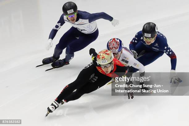 Dajing Wu of China, Lim Hyo-Jun of South Korea and John Henry Krueger of United States compete in the Men 1000m Quarterfinals during during the Audi...