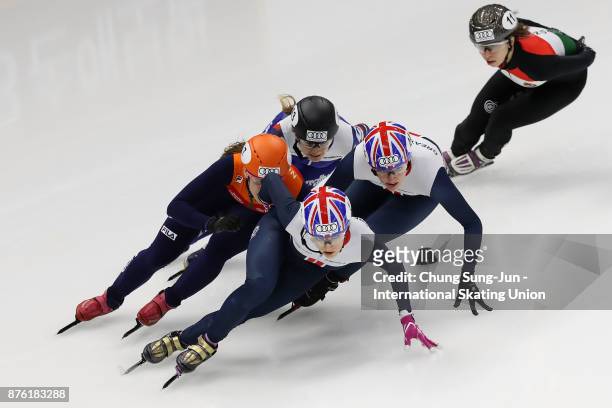 Elise Christie of Great Britain, Suzanne Schulting of Netherlands and Charlotte Gilmartin of Great Britain compete in the Ladies 1000m Quarterfinals...