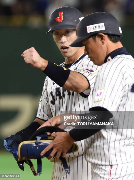 Japanese infielder Shuta Tonosaki reacts after hitting a RBI single at the fifth inning during the Asia Professional Baseball Championships final...
