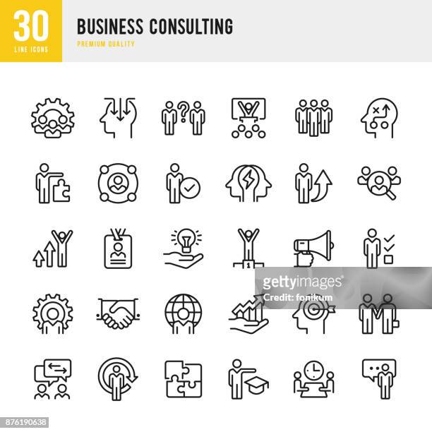 stockillustraties, clipart, cartoons en iconen met business consulting - dunne lijn vector icons set - solution